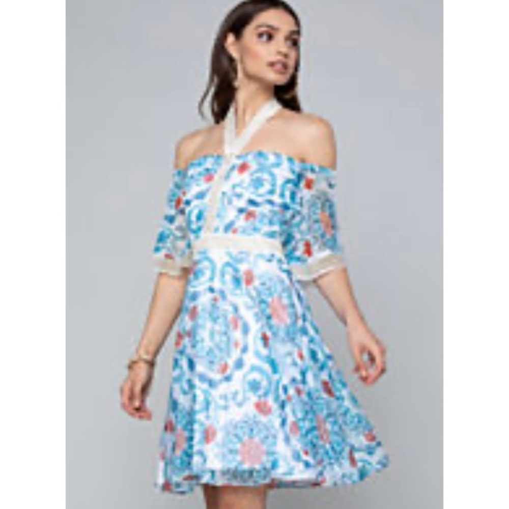 Bebe White and Blue Off-Shoulder Flutter Sleeve Mini Dress